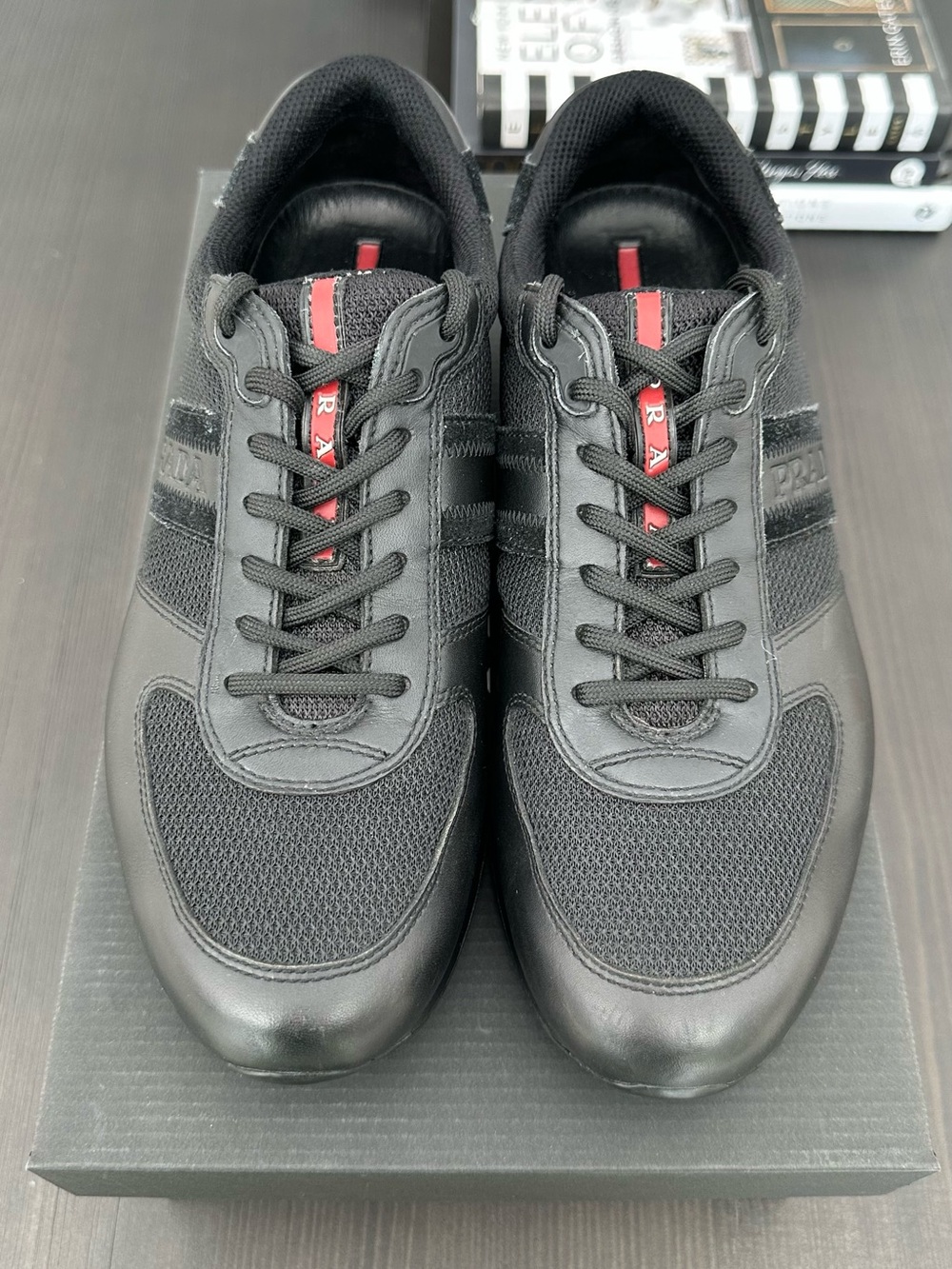 Prada Black Mesh & Leather Sneakers with Red Logo Stripe, Authentic